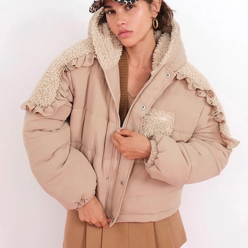 For Love and Lemons - Tan Puffer Jacket With Ruffle Trim